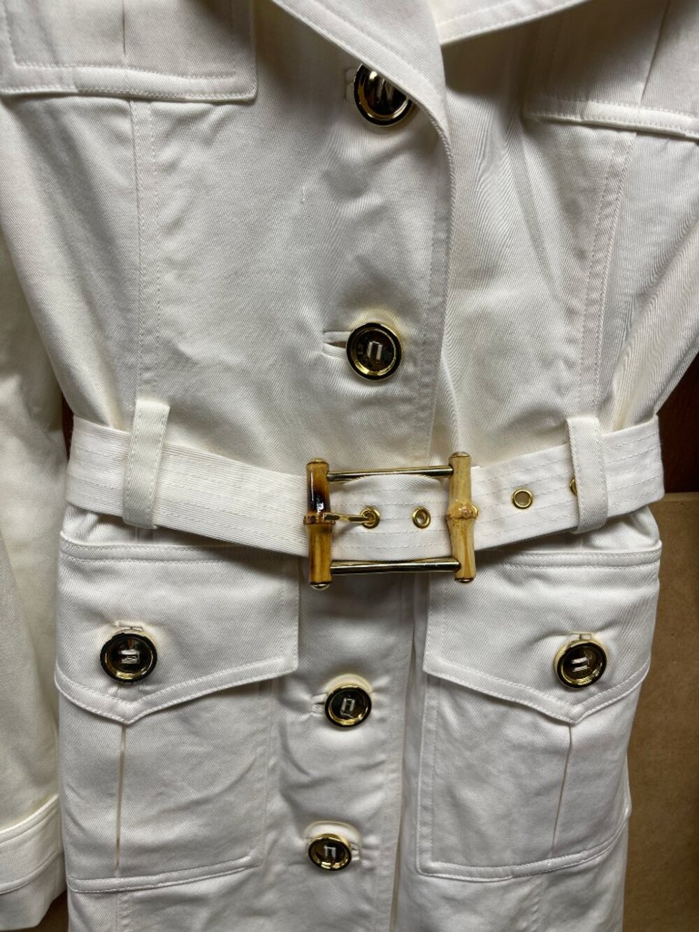 Milly of New York Silk-Lined White Cotton Sateen Bamboo Belted Trench Coat 6 - Picture 3 of 12